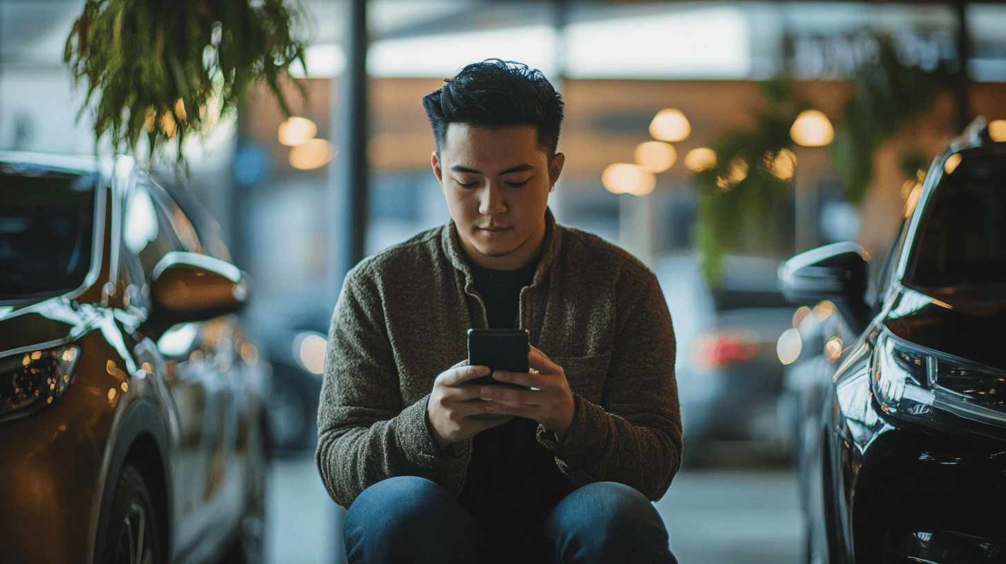 Man using phone in modern setting with cars in background